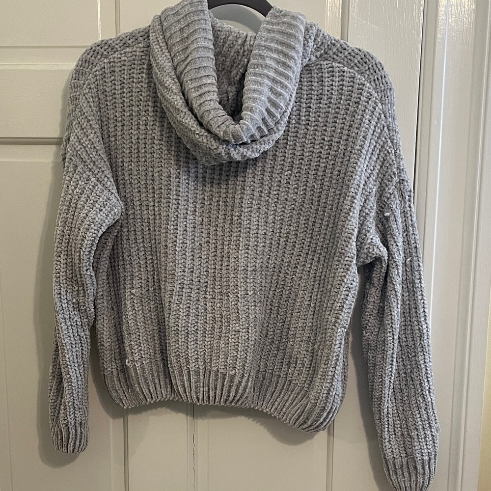 Lord and Taylor Design Lab Soft Crocheted Gray Sweater with Hood and Ribbon - Picture 3 of 7